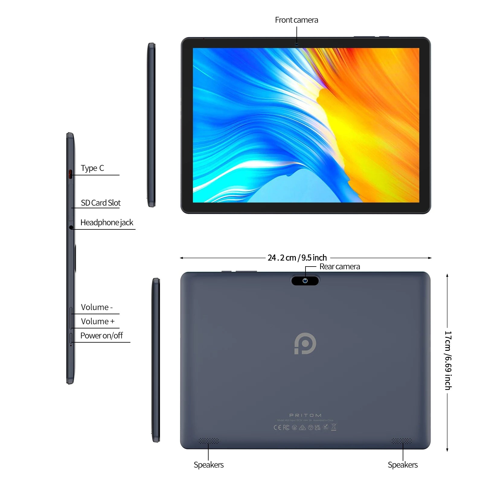 PRITOM M10 10.1 Inch Android Tablet PC 64GB ROM Quad-core HD IPS Screen WiFi GPS.