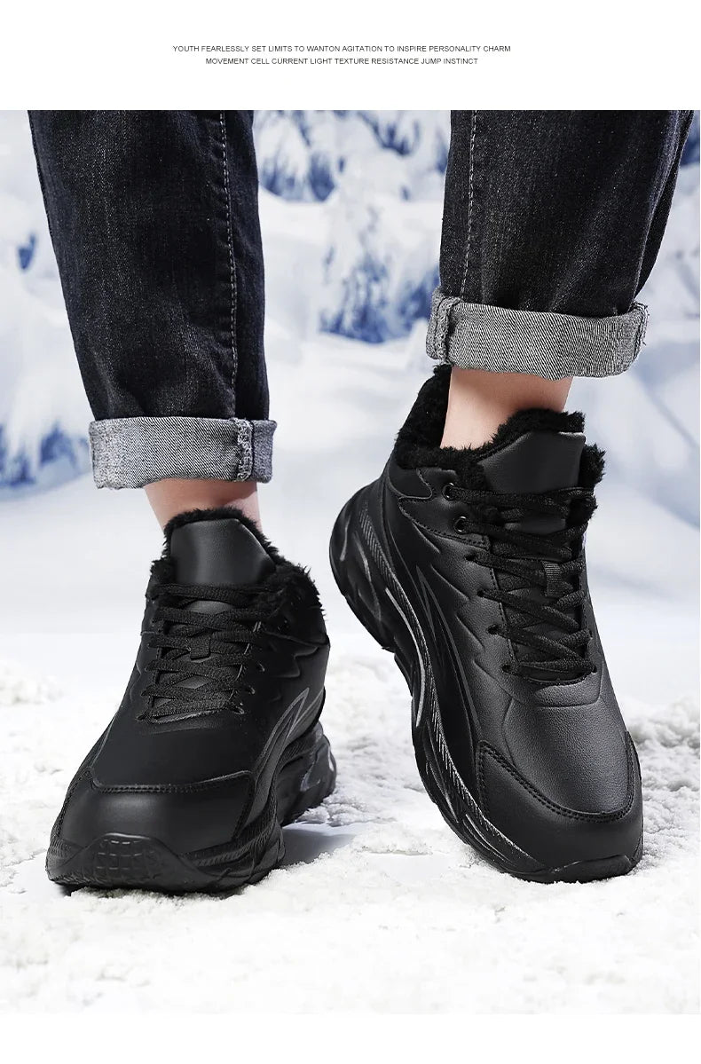 Black Leather Shoes for Men Height Increasing Winter Fashion Sneakers Plus Fur Warm Outdoor Cotton Casual Shoes Men Shoe Size 48