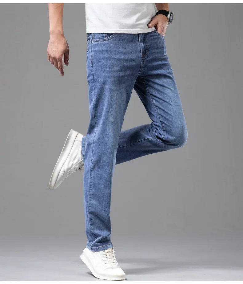 Summer Thin Men's Elastic Cotton Jeans Fashion Gray Comfortable Business Straight Casual Pants Brand Male Clothes Trousers.