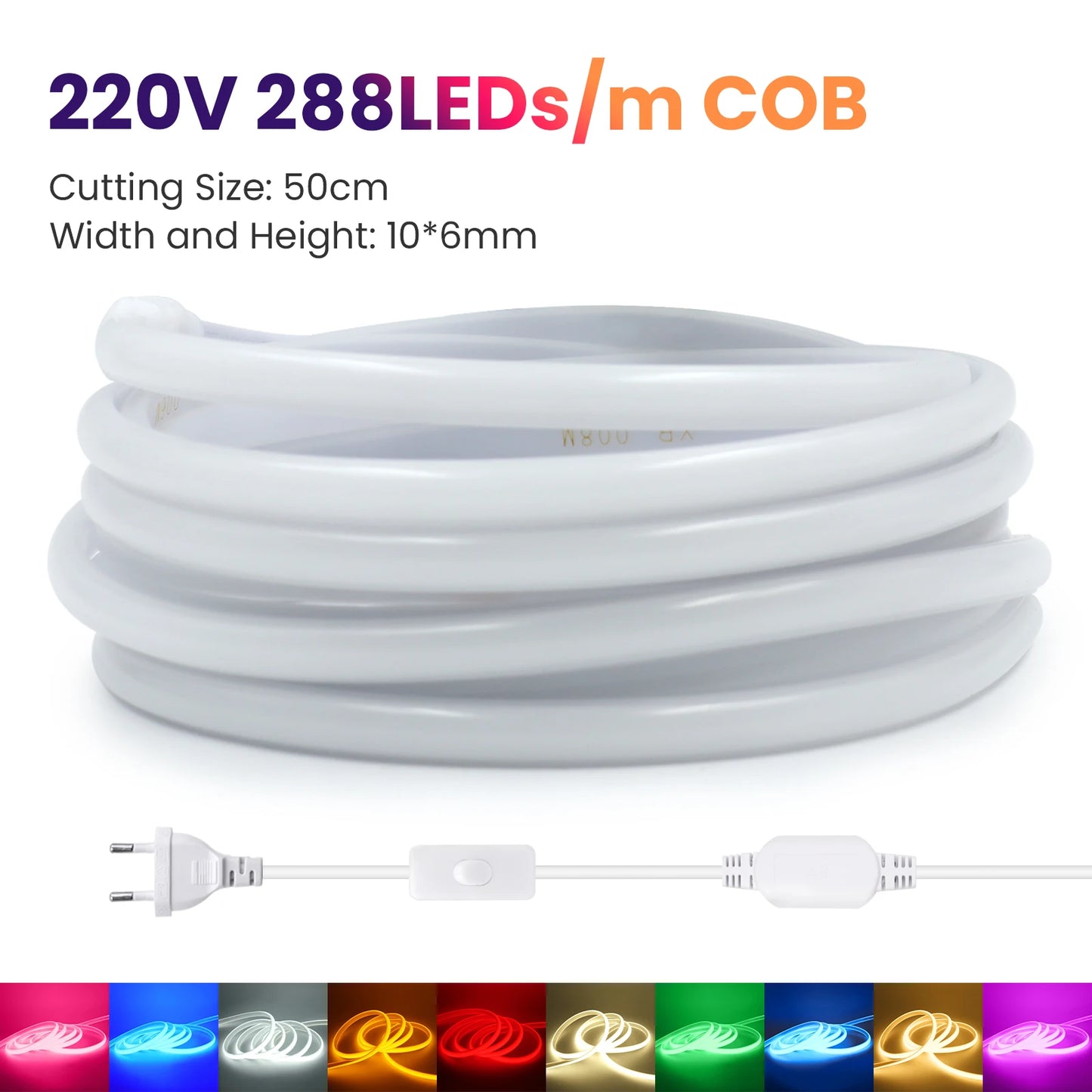 220V COB LED Light Strip Waterproof With EU Plug Red/Blue/Pink/Green Home Outdoor Garden Lighting Flex Silicone Tube Neon Lamp.