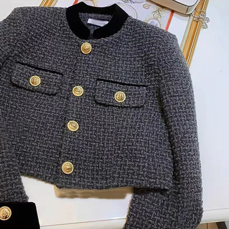 Mode Nähen Tweed Kurze Jacke Frauen Herbst Winter Elegante Büro Dame Mantel Y2K Koreanische O Neck Einreiher Crop Outwear.