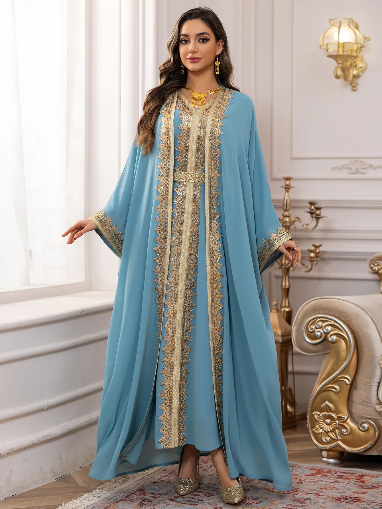 Eid Frauen Abaya Kleid Muslim 2-teiliges Set Strickjacke mit Innenkleid Schnürmantel Kaftan Robe Jalabiya Ramadan Marokko Kaftan 2025.