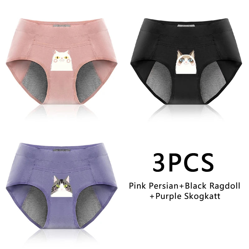 3PCS Cotton Menstrual Panties Leak Proof Breathable Cartoon cat Panties Woman Women Girls Physiological Pants Women's Intimates