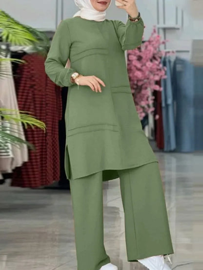 Ramadan Two Piece Sets Shirt Dress &Pants Women Muslim Suits Shirt Blouse Musulman Ensembles Moroccan Kaftan Islamic Dress Sets.