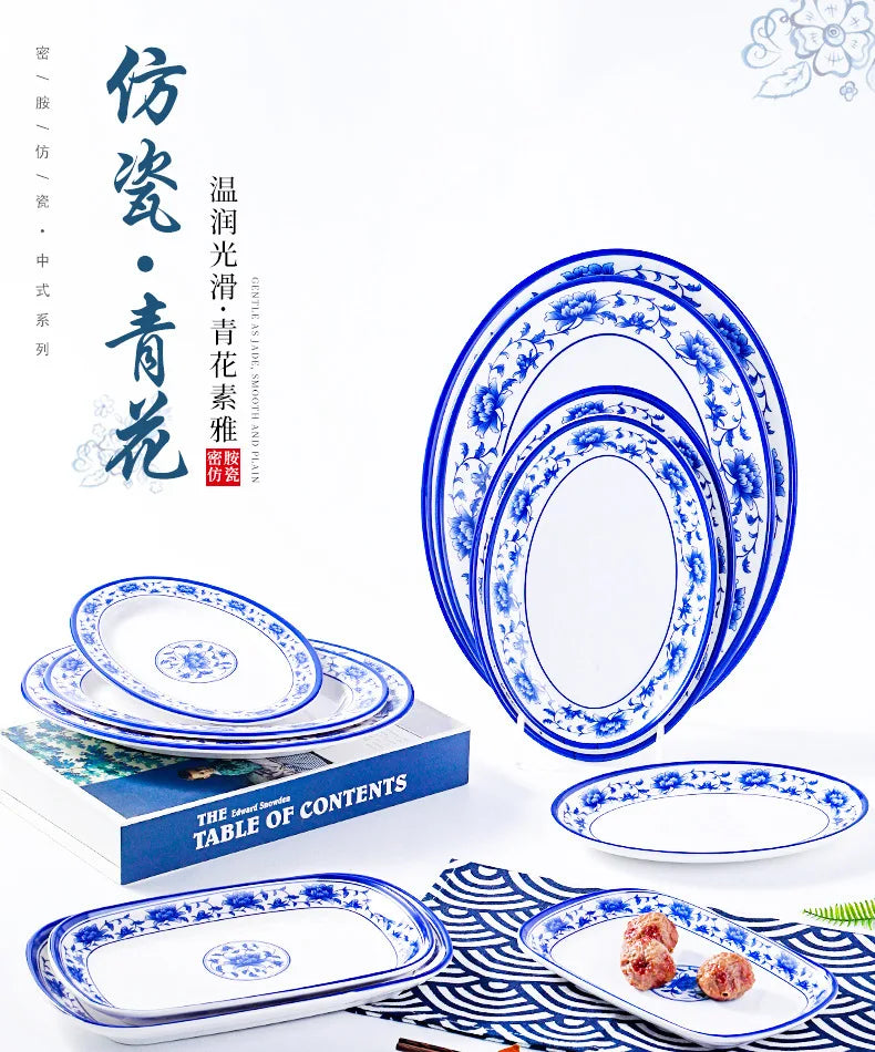 Melamine Chinese Style Blue and White Porcelain Tableware Creative Oval Dinner Plate.