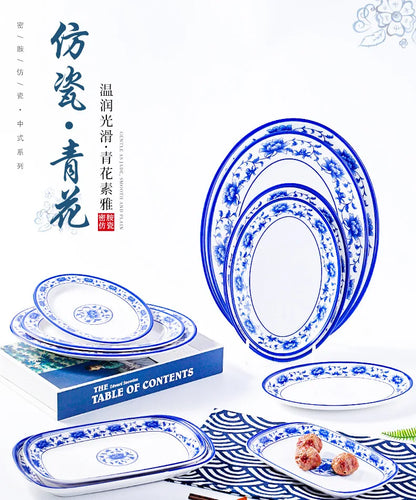 Melamine Chinese Style Blue and White Porcelain Tableware Creative Oval Dinner Plate.
