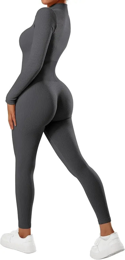 Seamless Long Sleeve Yoga Suit One-Piece Tightening Fitness Leisure Sports Jumpsuit with Zipper for Women