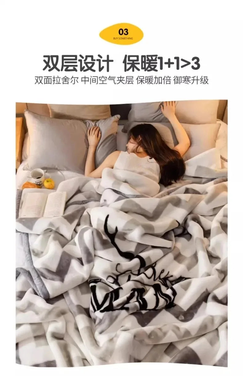 Modern Geometric Cartoon Printed Bedroom Blanket Coral Fleece Dormitory Quilt Thicking Double Layer Multi Purpose Bedding Sheets.