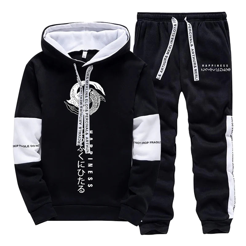 Japanese Fashion Hoodies Sweatpants Men's Hooded Long Sleeved Tracksuit 2pcs Set Harajuku-style All Season Casual Sporty Outfits.