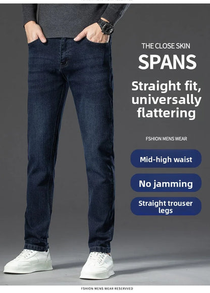 Autumn New Men's Business Jeans High Elasticity Straight Denim Trousers Men's Pants Work Clothes Haze Blue Black Gray Brand.