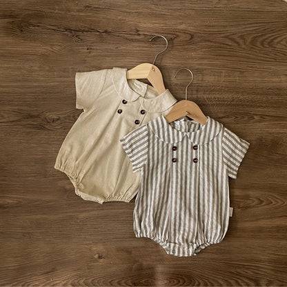 Sommer neue adrette Art Baby Body suits Hemd Kragen Mädchen Jungen Bodysuit atmungsaktive Leinen einteilige Baby kleidung.