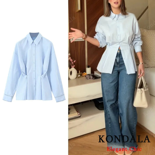 KONDALA Fall Women Elegant Blue Shirt Lapel Waist Buttons Shirt Office Lady Tops New 2025 Spring Autumn Fashion Commuter Shirt.