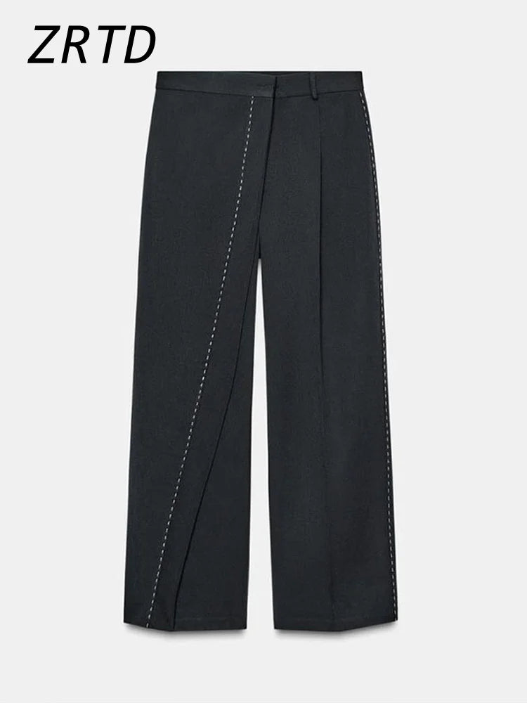 Fashion Line Suit Jackets Pants Sets Women Loose Lapel Double Breasted Blazer Pleated Wide Leg Pant 2025 Autumn Lady Office Suit.