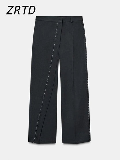 Fashion Line Suit Jackets Pants Sets Women Loose Lapel Double Breasted Blazer Pleated Wide Leg Pant 2025 Autumn Lady Office Suit.