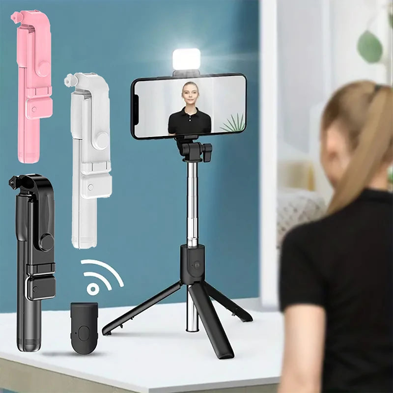 Portable Bluetooth Selfie Stick Tripod Holder with Remote Shutter Fill Light Extendable Wireless Remote Retractable Phone Stand.