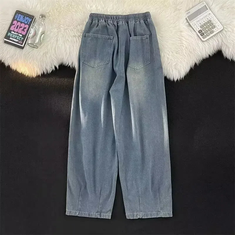 2024 New Trendy Wide-Leg Jeans Men's Loose-Fit Straight-Leg Casual Long Pants Vintage Washing Distressed Style.