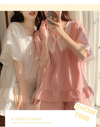 Palast Stil Pyjama Damen Sommer Lounge wear Set kurz ärmelig mit Kissen koreanische kleine süße Freundinnen Lounge wear Set.