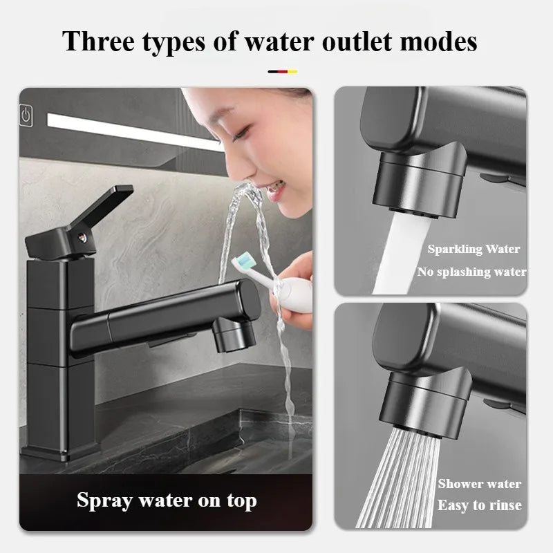 Pull Out Bathroom Faucet Hot and Cold Water Mixer Basin Sink Three Mode Water Outlet Faucet Washbasin Tap