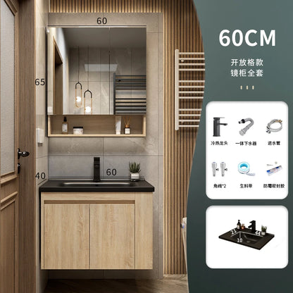 Leichter Luxus-Badezimmerschrank-Kombination, Badezimmer-Waschbecken, Gesichtswaschbecken, Toilettenholz, Waschbecken aus Keramik, integriertes Waschbecken im japanischen Stil