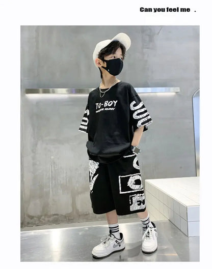 Boys Summer Trendy Casual Sports 2pcs T-shirts+Pants Suits 3-14 Years Teenage Boys Hip Hop Style Fashion Outfits Clothes Sets