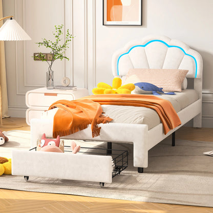 Rosahqnda gepolsterter Bettrahmen mit blumenförmigem Kopfteil, Bettrahmen, Einzelbett, Blütenblattbett, Jugendbett für Jungen und Mädchen