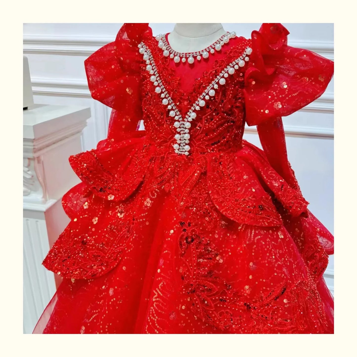 2025, Kinderkleid, Performance-Outfit, Mädchen, Blumen-Pailletten, geschwollenes Kleid, rote Partykleidung, Kinder, Mädchen, Geburtstag, Prinzessinnenkleider, glitzernd.
