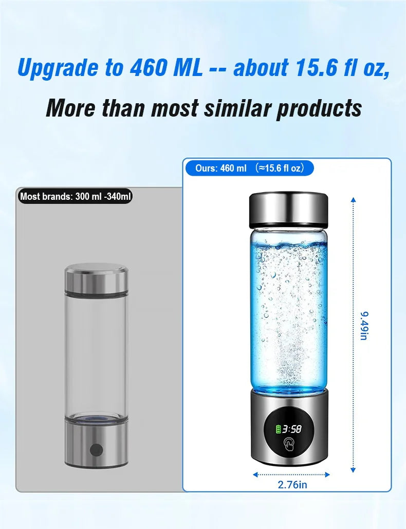 Portable Performance Hydrogen Water Generator Bottle SPE+PEM Dual Chamber lonizer + PPB&Time Display Electrolytic Hydrogen Water.
