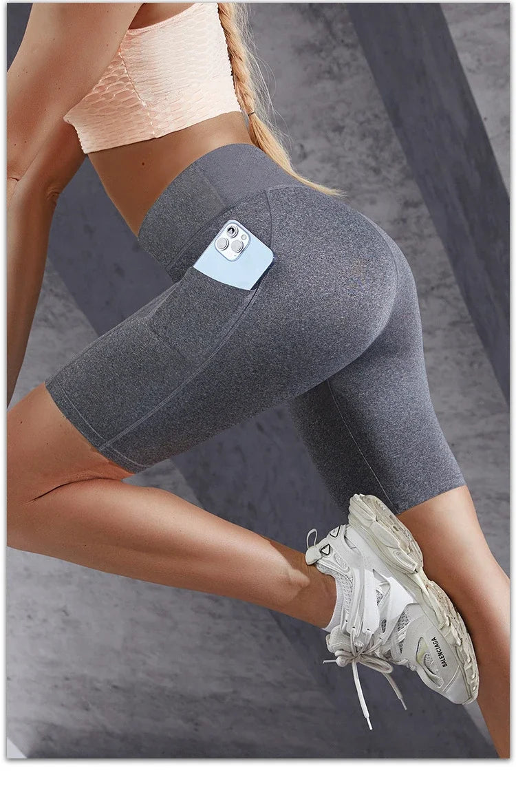 Double Pocket Sports Shorts Women Elastic Slim Shorts Gym Exercise Running High Waist Shorts Summer Yoga Casual Shorts for Women.