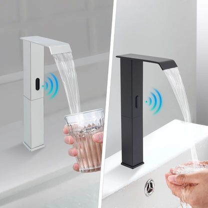 Touchless Sensor Faucet with Waterfall Spout, Adjustable Temperature Valve, Black Finish, Ideal for Kitchen and Bathroom Use