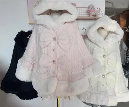 Japanische Liz Süße Prinzessin Faux Kaninchen Fell Cape Mantel Frauen Herbst Winter Pelz Jacke Lose Uhr Strass Bogen Mit Kapuze Mantel.