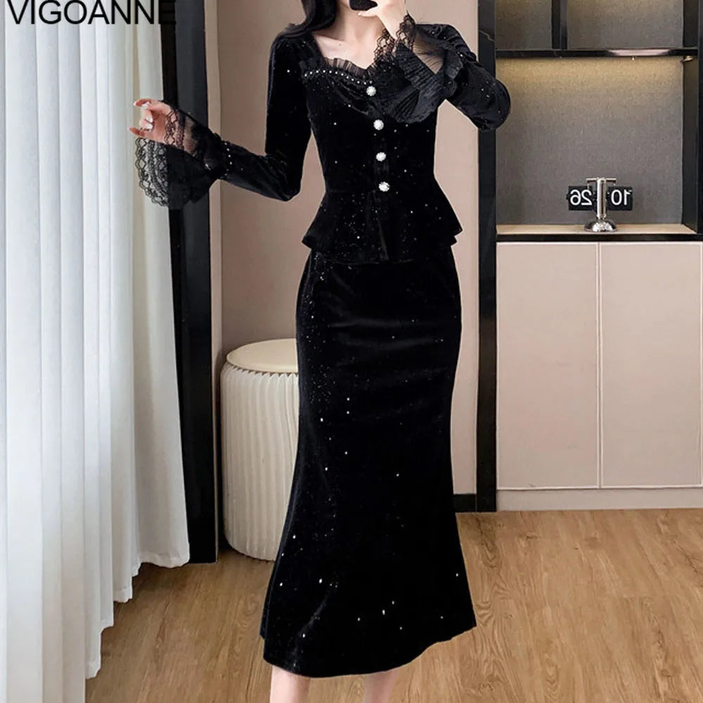 VigoAnne 2025 Black Long Sleeve Top And High Waist Korean Skirt 2 Piece Sets Woman Spring Autumn Velvet Long Dress Suit Ladies.