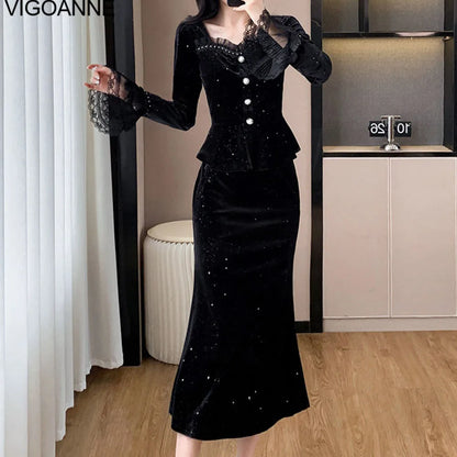 VigoAnne 2025 Black Long Sleeve Top And High Waist Korean Skirt 2 Piece Sets Woman Spring Autumn Velvet Long Dress Suit Ladies.