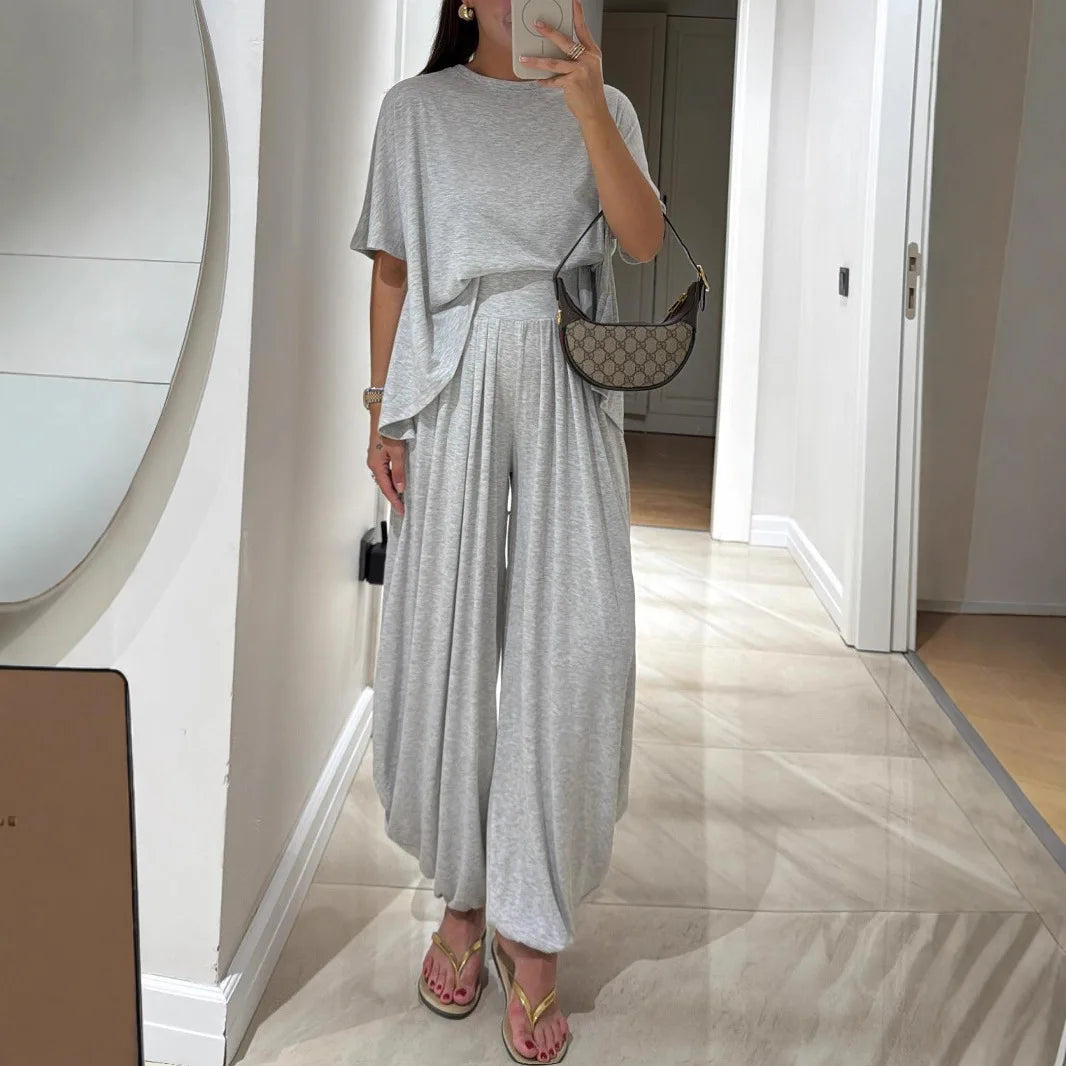Casual T Shirt Short Sleeved Women's Top 2 Piece Set Summer Elegant Fashion Loose High Waist Wide-leg Trousers Female Pants Sets.