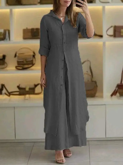 Spring Autumn Cotton Linen Loose 2 Piece Sets Casual Button Long Sleeved Women Outfit Elegant High Waist Wide Leg Pants Set Suit.