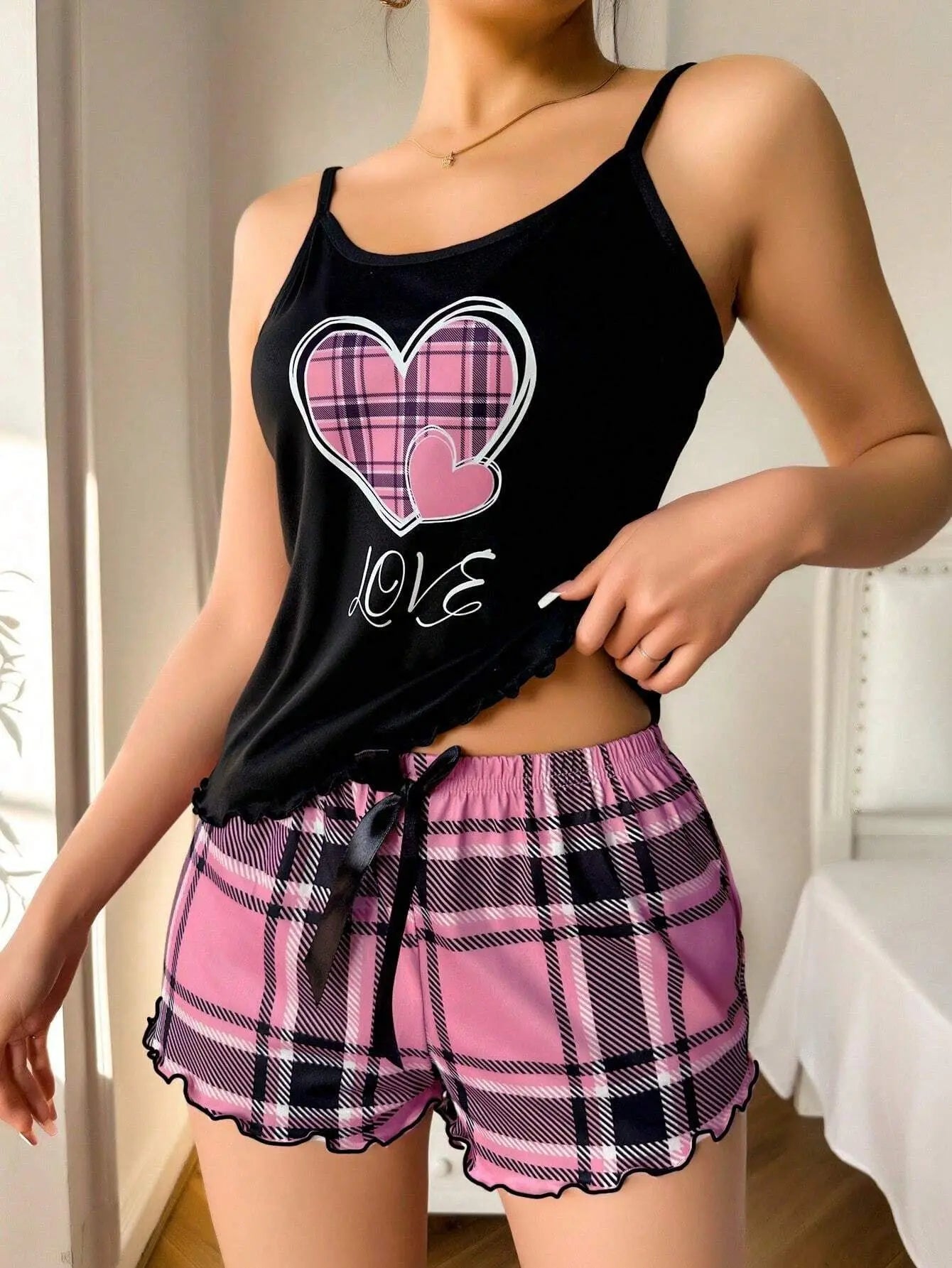 Frauen Sexy Hosenträger Shorts Dünne Pyjamas Brief Drucken Plaid Shorts Große Pyjamas Romantische Hause Tragen Sexy Nachtwäsche Kurze Pyjama