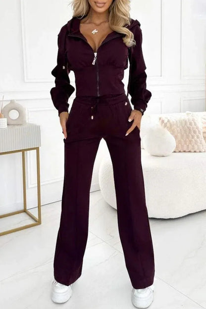 Women's Casual Set Fashion Sports Hooded Zip Tops+High Waist Wide Leg Pants 2 Piece Sets For Women Holiday Clothes Autumn Winter.
