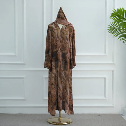 Uni Abaya Dubai 2025 Marble Print Hijab Abaya 2 Piece Set Chiffon Summer Modest Dresses Open Abaya Islamic Clothing