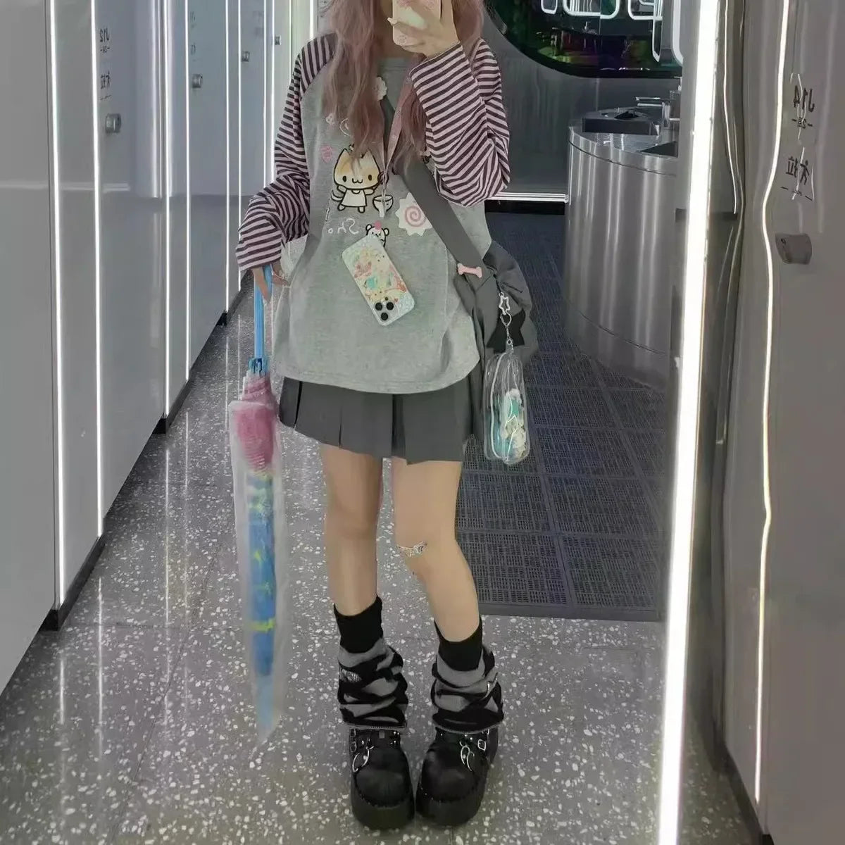 Japan Kawaii Sweet Women T-Shirt O-Neck Stripe Patchwork Long Sleeve Cartoon Print Loose Pullover Casual Cute Top Youth Vitality.