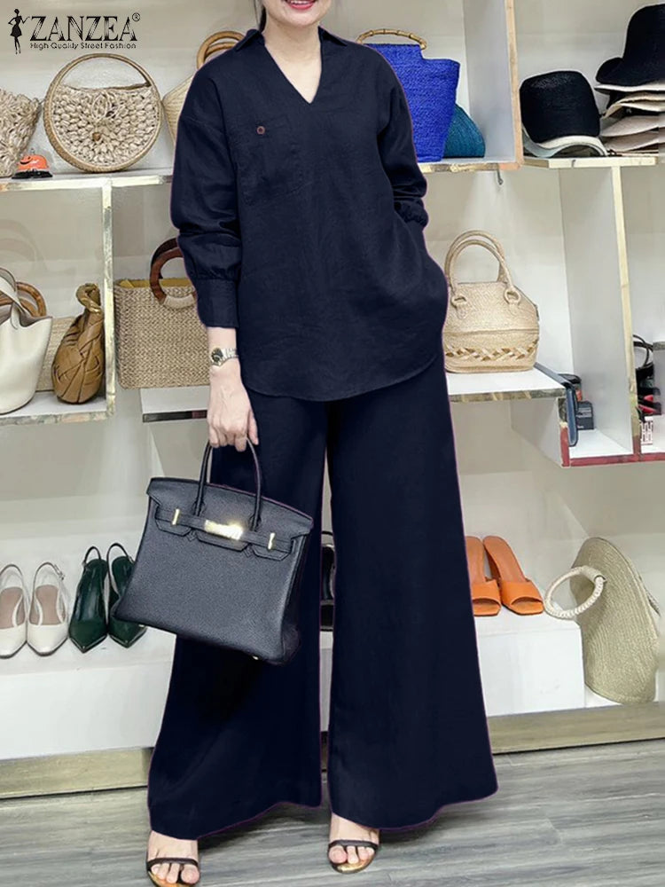 2025 ZANZEA Fashion Lapel Long Sleeve Tops Pant Suit Autumn 2 Piece Sets Women Outfits Office Pant Sets Casual Work OL Tracksuit