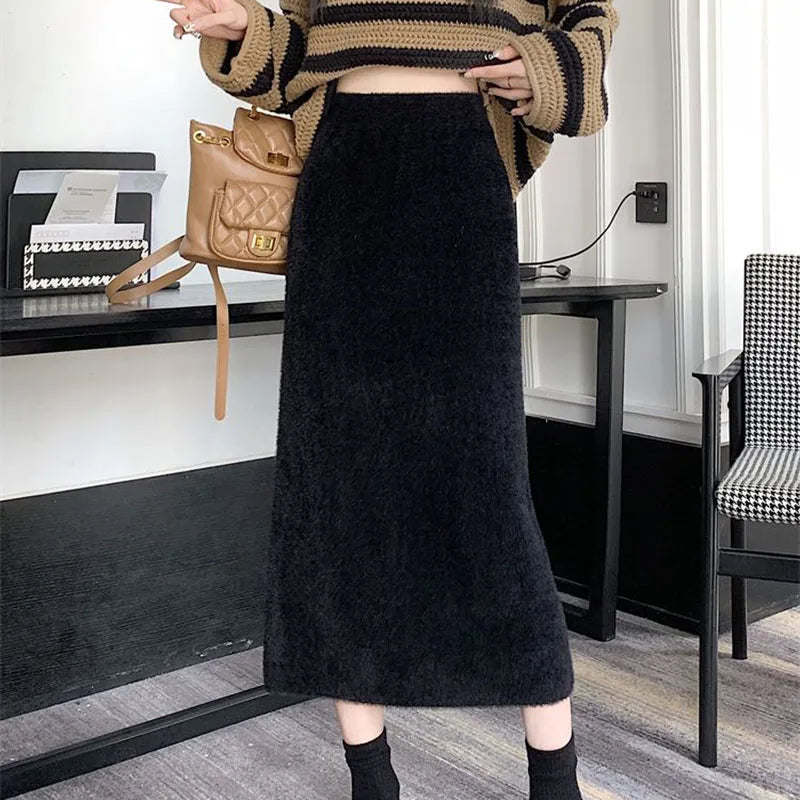 Korean Imitation Mink Plush Knitted Skirts Women Autumn Winter Thick Soft Split Pencil Skirts Elegant High Waist Bodycon Skirt