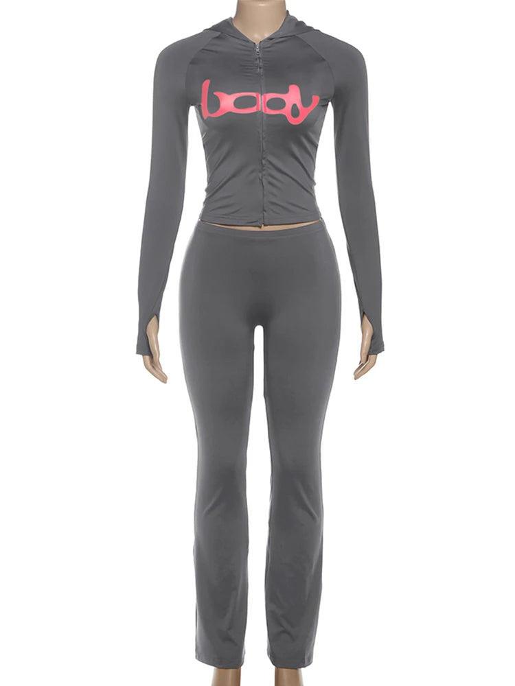 Weird Puss Letter Print 2 Piece Set Women Tracksuit Hooded Jacket+Leggings Matching Stretch Streetwear Casual Sporty Outfits.