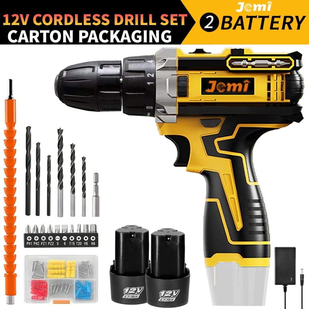 Jemi Tool 12 V/21 V Akku-Bohrschrauber, 45 Nm Schlagbohrmaschine, 25+3 Drehmomenteinstellung, mit 45 optionalen Zubehörteilen