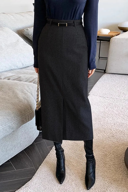 Gray Pencil Skirts Belted Elegant Women Slim Office Ladies Casual A-Line High Waist Split Midi Skirt Autumn Winter