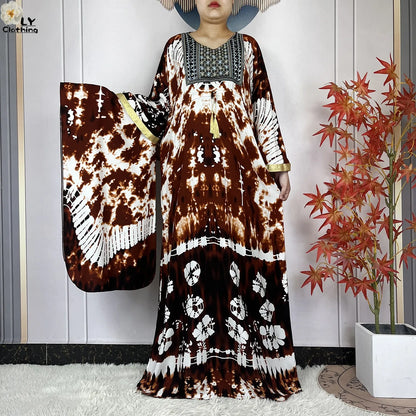 2025 New African Abaya For Women Dress Loose Batwing Sleeve Pockets High-quality Tie-dye Pure Cotton Fabric Women Islam Clothing