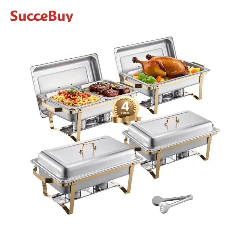 SucceBuy 8 Qt 4 Pack Chafing Dish Buffet Set Stainless Steel Chafer with 2 Full Size and 4 Half Size Pans Catering Warmer Server.