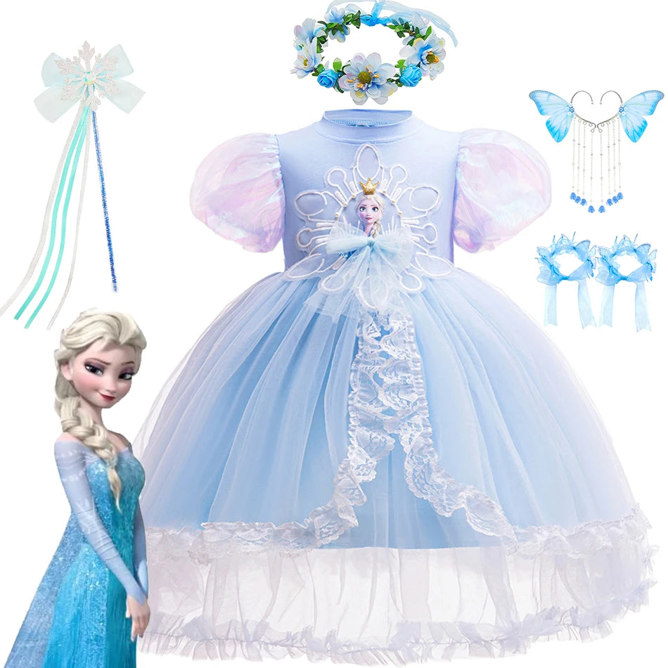 Mädchen Schneekönigin Spitze Schleife Prinzessin Kleid Elsa Cosplay Disney Performance Kleidung Kinder Halloween Karneval Party Fee Outfits.