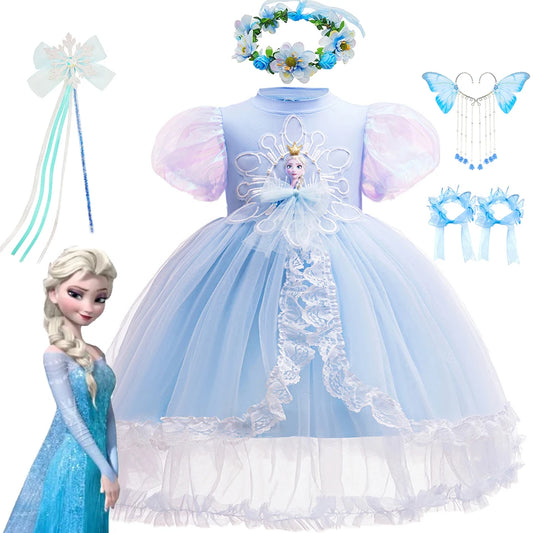 Mädchen Schneekönigin Spitze Schleife Prinzessin Kleid Elsa Cosplay Disney Performance Kleidung Kinder Halloween Karneval Party Fee Outfits.