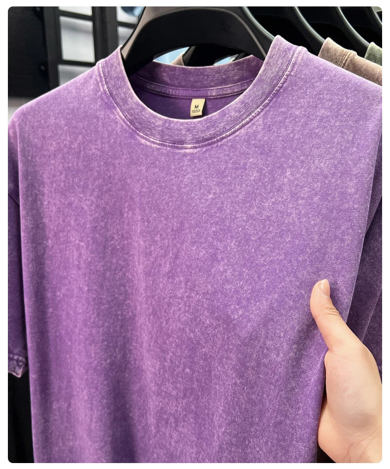 Personality washed vintage short sleeve T-shirt high-end 100% pure cotton men fashion round neck comfort lightweight casual top