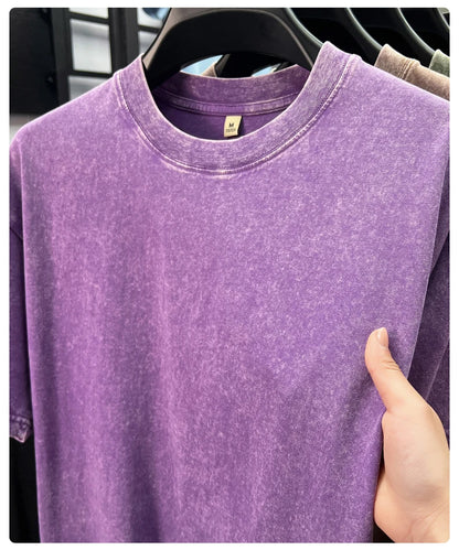 Personality washed vintage short sleeve T-shirt high-end 100% pure cotton men fashion round neck comfort lightweight casual top