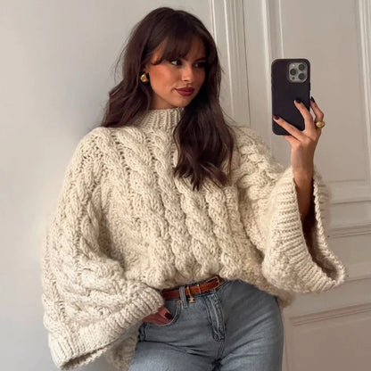 Casual Twists Stricken Oversize-Pullover Frauen Oansatz Lange Flare Hülse Lose Solide Pullover 2025, Herbst Winter Vintage Pullover.